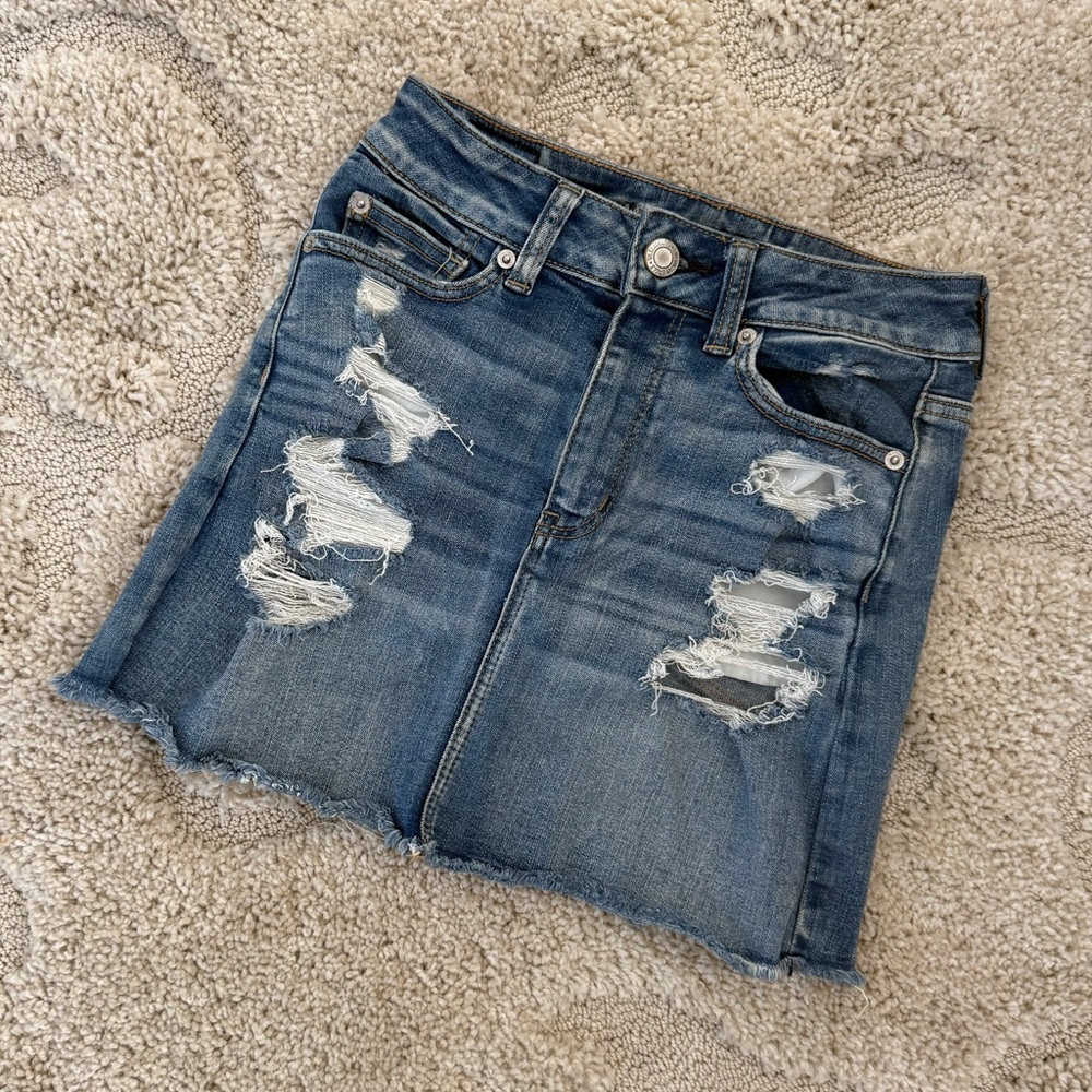 American Eagle Next Level Stretch Distressed High Waisted Denim Mini Skirt (2)